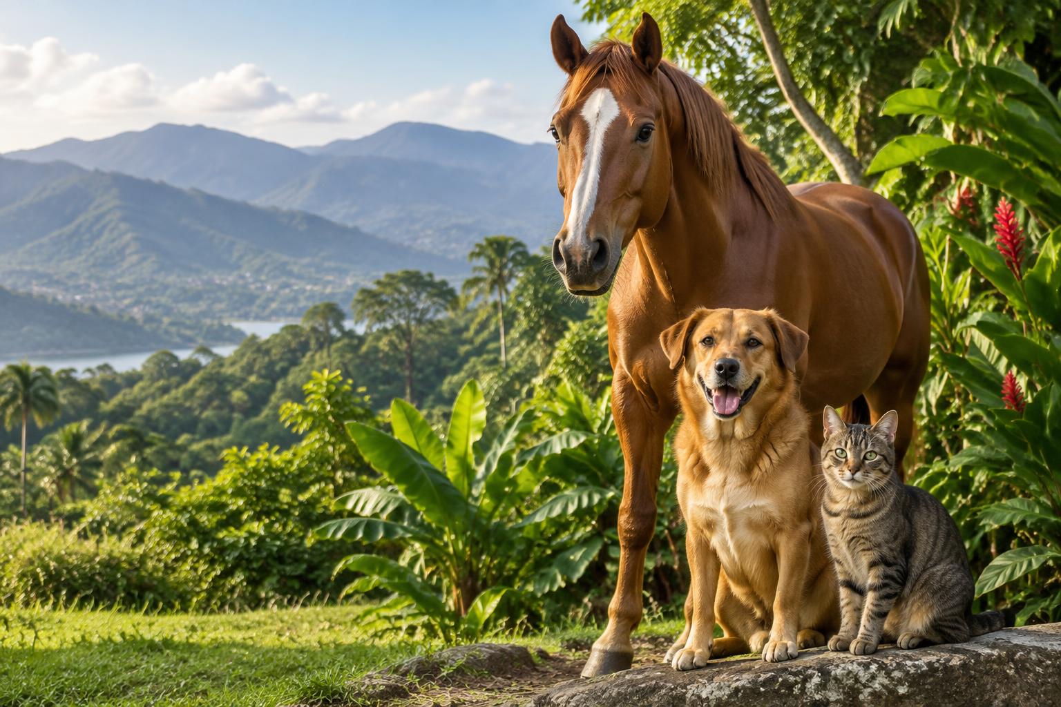 A horse, dog and cat in Jamaica's tropical landscape